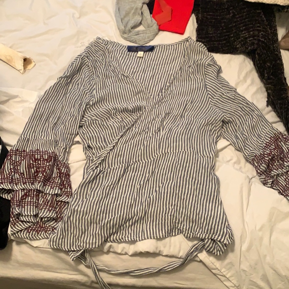 Navy striped wrapped shirt with accents